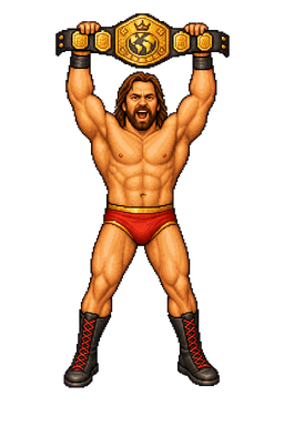 Pixel-art wrestling champion raising the championship belt